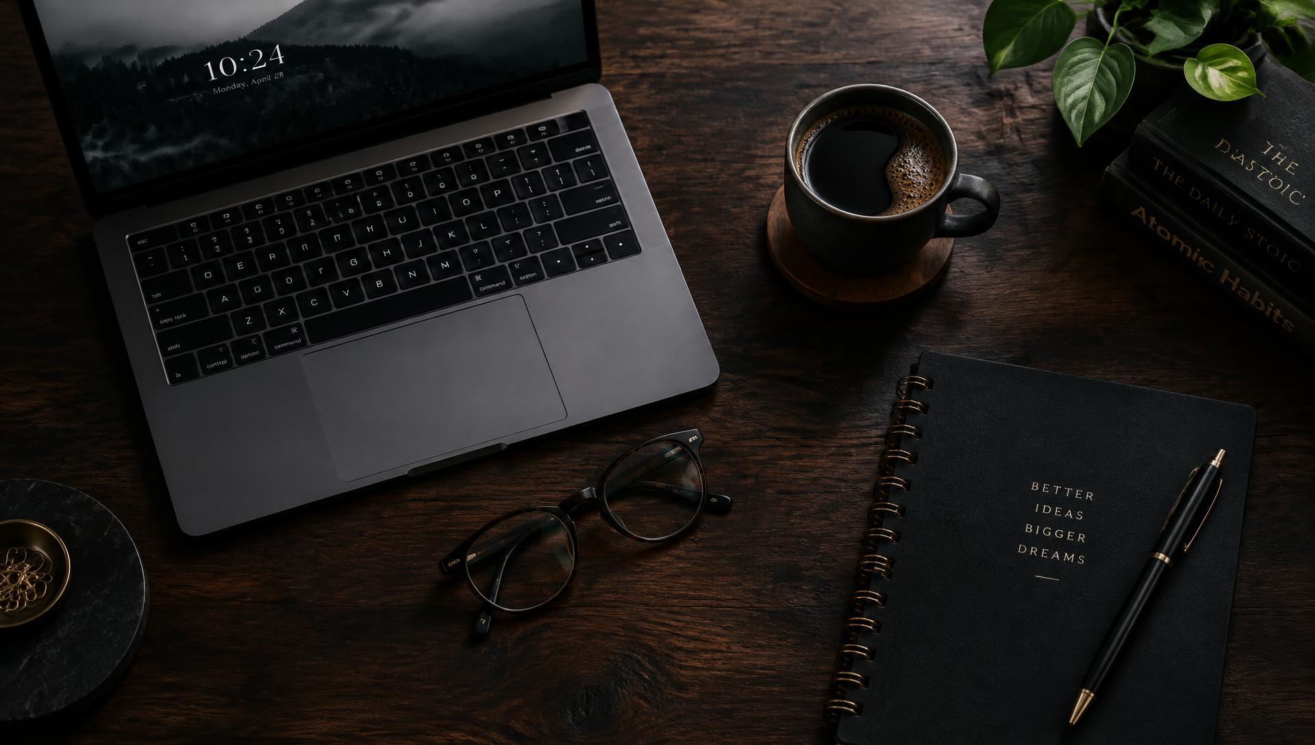 Dark desk with laptop, coffee cup, glasses and notebook