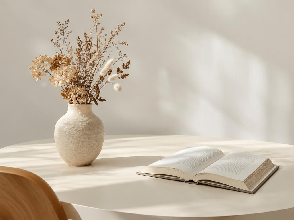 Neutral still life with a vase and an open book